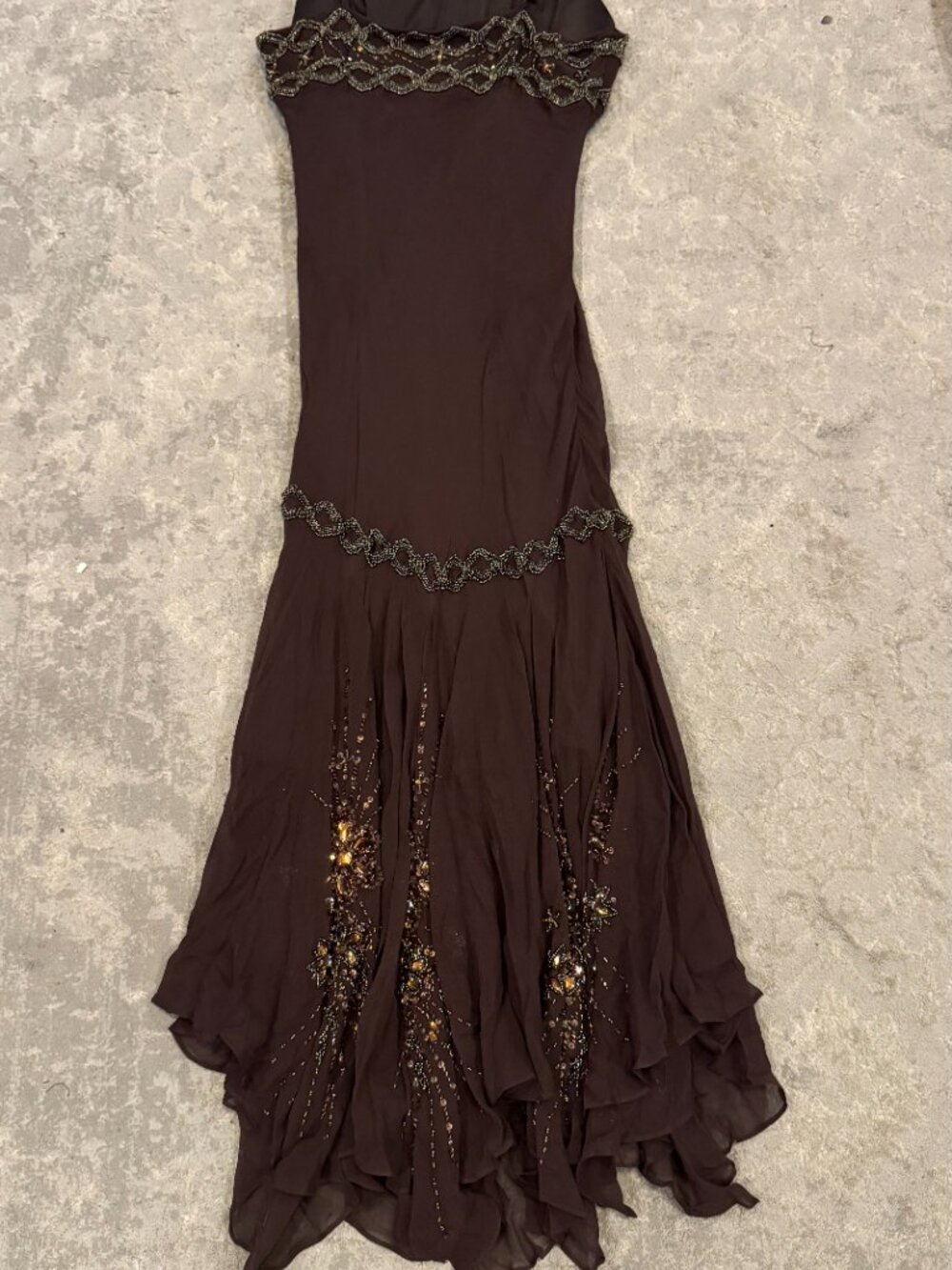 Sue Wong Dress Y2K Sexy Beaded 45 Flapper Coffee Brown Chocolate Midi SILK New - Picture 8 of 16